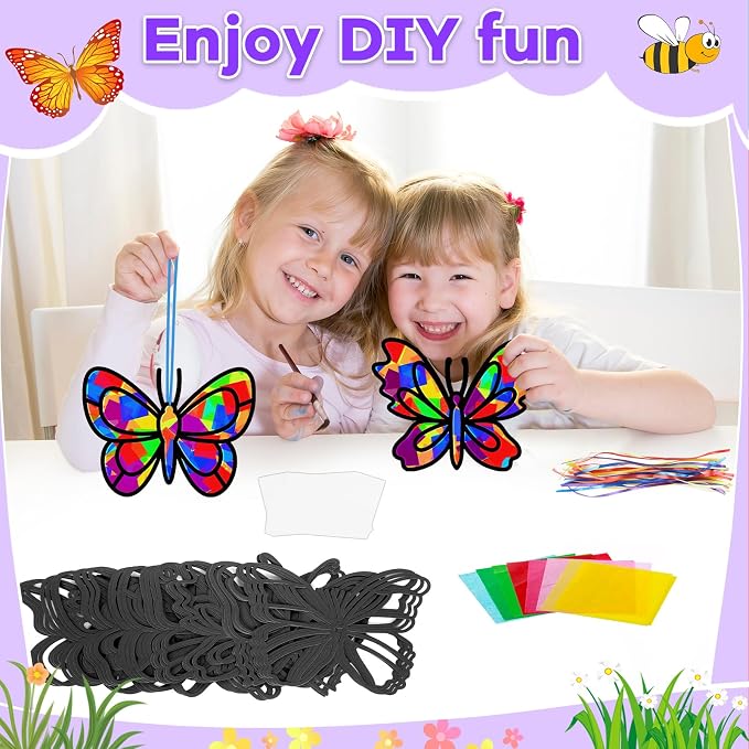 Lonfliness 32 Sets Butterfly Suncatcher Craft Kit DIY VBS Window Stain Glass Effect Paper Butterfly Sunday School Classroom Decors Spring Easter Art Craft Creative Activity Project Kid Gift Favor