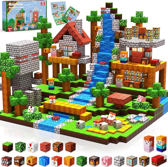 Magnetic Blocks-150PCS Grassland Magnetic Building Blocks Set, Kids Classroom Sensory Toy for Toddlers STEM Learning, Construction Stacking Toy for Kids 3+ Boys and Girls Christmas Birthday Gifts