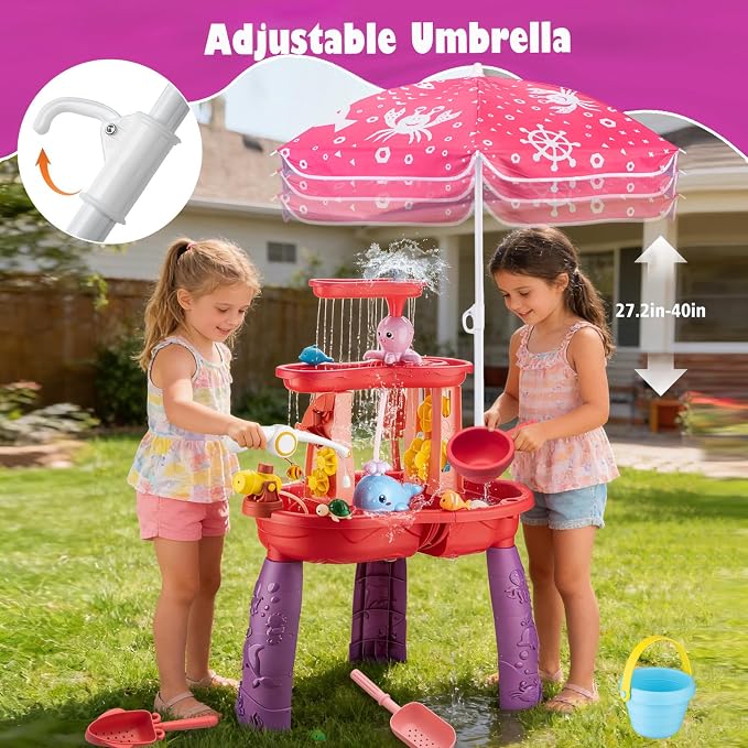 Water Table for Toddlers 3-5 with Umbrella Outdoor Toys for Kids Ages 4-8 Kids Sand Water Table with Fishing Game Set Activity Sensory Table with Water Pump Summer Beach Toys