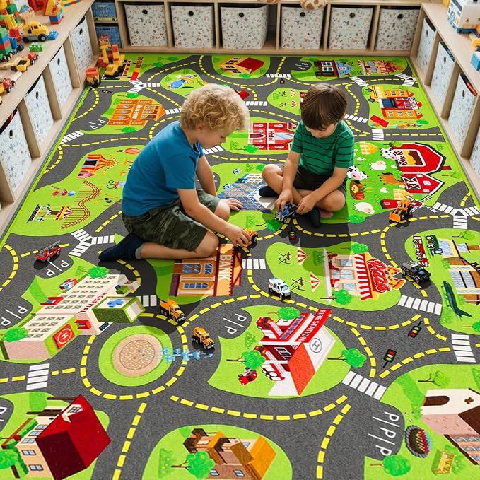 Kids Car Rug Play Mat with 12 Toy Vehicle Set, Kid Road Playmat Rug for Toy Cars, Cars Play Rugs Town City Map Carpet, Car Track Rugs for Kids Boys Playroom Bedroom (60"X36", City Map+Vehicle)