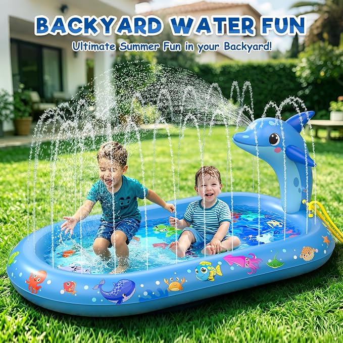 Splash Pad for Toddlers, 3-in-1 Dolphin Inflatable Baby Pool Sprinkler for Kids, Baby Splash Pads Outdoor Play Mat, Backyard Summer Water Toys Birthday Gift for 1+ Year Old Girls Boys