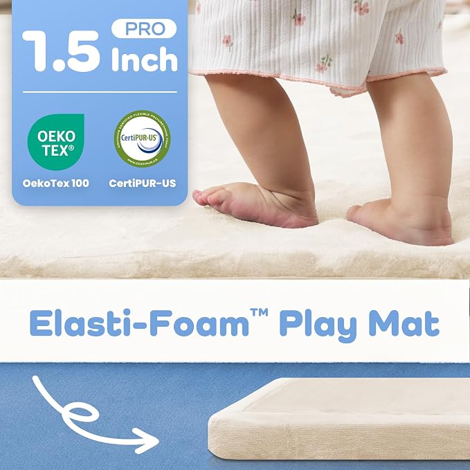 1.5" Thick Padded Baby Play Mat for Floor Tummy Time, Pro Soft Foam Activity Playroom Playmats, Easy Care with Non-Slip Safe for Infant Toddler Kids Crawling 59"x 71" (Beige)