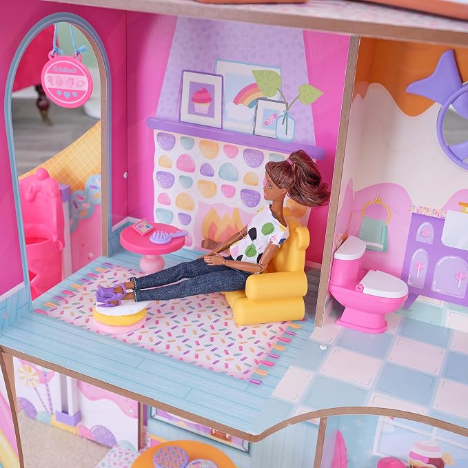 KidKraft 20242 Wooden Doll House Candy Castle Toy Set with Unicorn Llama Figure and Ice Cone Lift for Dolls, Toy for Children from 3 Years