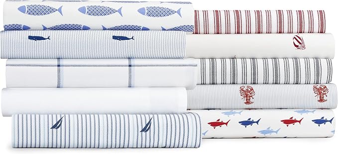 Nautica – Twin XL Size Sheet Set, Crisp Cotton Percale Bedding with Matching Pillowcase, Lightweight & Breathable Bed Sheets, Deep Pocket, College Dorm Room Essentials (Audley Stripe Blue)