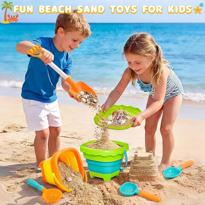 Shemira Beach Sand Toys for Kids, Travel Sand Toys with 4 Collapsible Beach Bucket, Sifter Shovels Set & Mesh Bag, Sandbox Outdoor Beach Toys Essentials for Toddlers Boys Girls 3 4 5 6 7 8 9 10