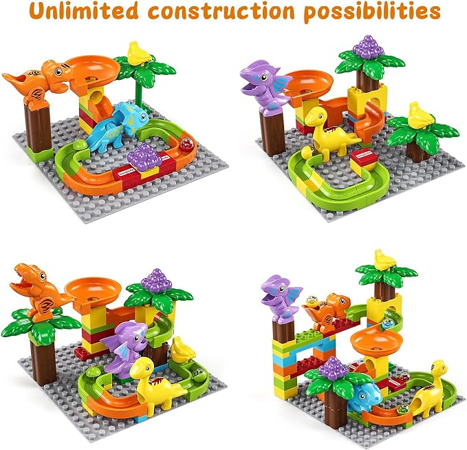 Kids Marble Run Building Block Dinosaur, Montessori Learning Resources STEM Toy Bricks Maze Puzzle Set Race Track Compatible with Major Brands for Age 3 4 5 6 7 8+ Boys Girls Birthdays