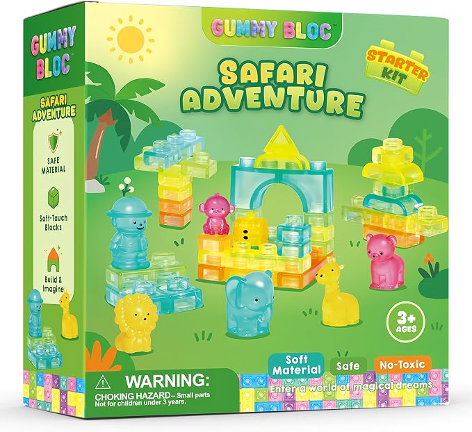 Gummy Bloc Safari Adventure Sensory Soft Building Blocks for Toddlers, 52 PCS Montessori Squishy Stacking Toy Set, Jungle Animal Theme Squeeze Blocks , Non-Toxic STEM Preschool Gift for Boys Girls