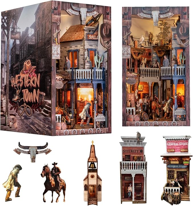 Book Nook Kit, DIY Miniature House Dollhouse - 3D Wooden DIY buidling Dollhouse with Bookshelf Nook (Western Town)
