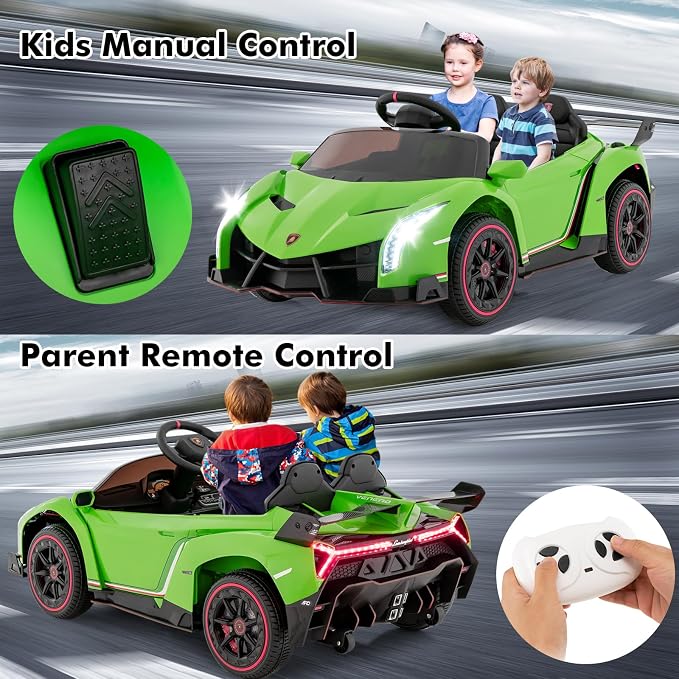 INFANS 2 Seater Kids Ride on Car, 12V 4WD Licensed Lamborghini Veneno Powered Electric Vehicle with Hydraulic Doors, Rocking Mode, Adjustable Speeds, Remote Control, MP3, Headlight (Green)