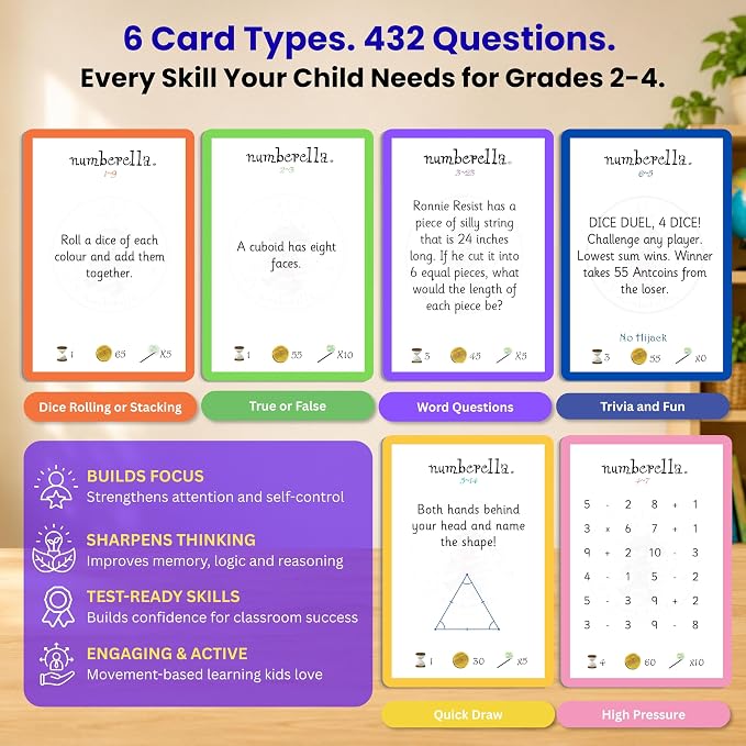 Numberella Deluxe Math Card Game for Kids – Level 1 | Ages 7–10, Grades 2–4 | Mental Math & Times Tables | Award-Winning Data-Proven STEM Game | Family, Homeschool & Classroom | 432 Questions