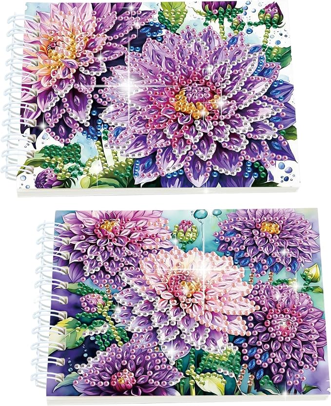 2 Pcs Flower Diamond Painting Notebook 80 Pages for Adults, Dahlia Diamond Art Journal and DIY Sketchbook, Diamonds Art Kit Supplies,Gift for Beginners, Craft Lovers, Artists. (Flower)
