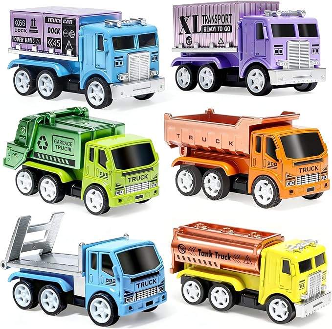 Oriate 6 PCS Diecast Metal Toy Trucks Vehicle Set, Cars Toys with Movable Parts, Mini Pull Back Toy Cars for Kids, Include Garbage Truck, Dump Truck, for Boys & Girls Age 3 4 5 6 +