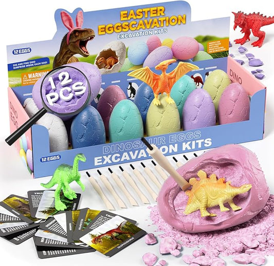 12 Pack Colorful Dinosaur Eggs Excavation Kit with Learning Cards - Dino Dig STEM Science Toy for Kids - Easter Basket Stuffers, Party Favors Birthday Gifts Classroom Activities for Boys Girls Age 3+