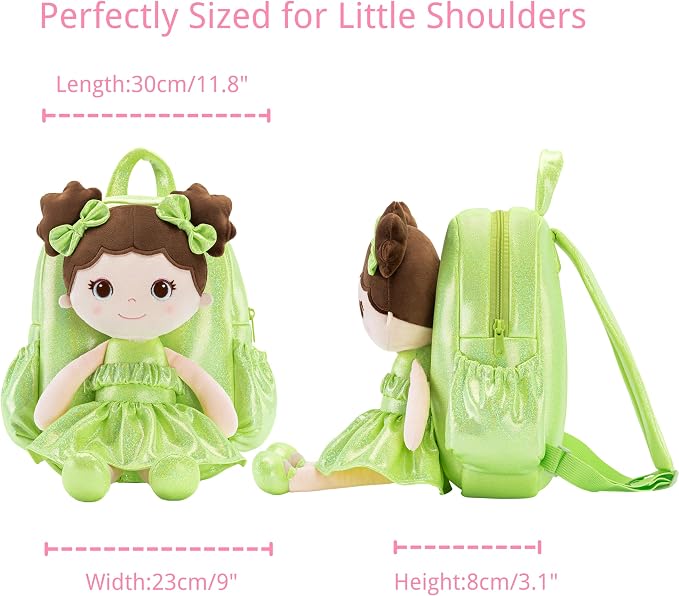 Lazada Toddler Backpack - Baby Girl Gifts Curly Fingerprints Plush Doll Dress Backpack - Fashion Girls Curly Rolled Fingerprints Series - Fluorescent Green 11 Inches