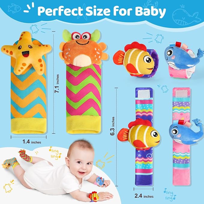 URMYWO Wrist Rattles for Baby - Rattle Socks - Foot Finder Set - Baby Toys for 0-12 Months Infant - Newborn Essentials - Early Learning Sensery Toys for Boy Girl as Shower Gifts