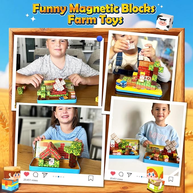Soyee Magnetic Blocks Travel Toddler Toys Magnet Building Tiles Construction Cubes STEM Sensory Learning Farm Toys with Box Christmas Birthday Gifts for Kids Ages 3 4 5 6 7 8 Year Old Boys Girls