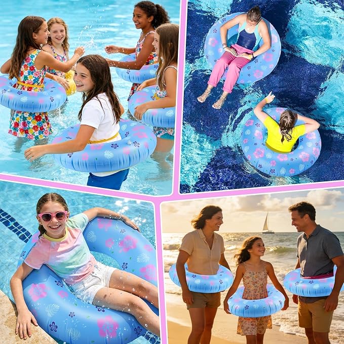 4-Pack Hawaiian Leaves & Flowers Pool Floats for Kids, 28 Inch Inflatable Swim Rings, Summer Beach Toys, Birthday & End-of-School Class Party Favors Decorations