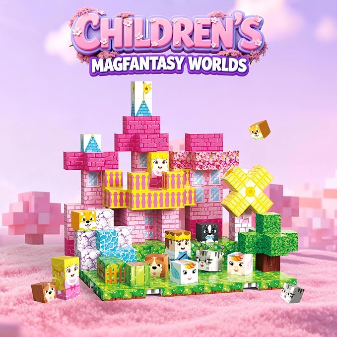 150 PCS Magnetic Blocks, Magnetic Building Blocks Cubes, Princess Magnet Toys for Kids Ages 3+, Magnet Blocks with 4 Bottom Plate for Girls, STEM Toys & Ideal Christmas Birthday Gift