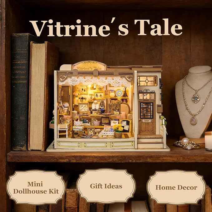 fifijoy DIY Miniature Dollhouse Kit - Jewelry Shop DIY Miniature House Kit for Adults and Teens, 3D Wooden Puzzle Tiny House Model with LED Light, Unique Gift for Family, Friends (Vitrine’s Tale)