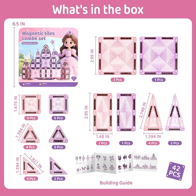 Magnetic Tiles Girls Travel Toy: 42 PCS Pink Glitter Building Blocks Castle Tin Box - 120 Mins Quiet Play 60s Cleanup - Toddler Kids Gift Age 3 4 5 6