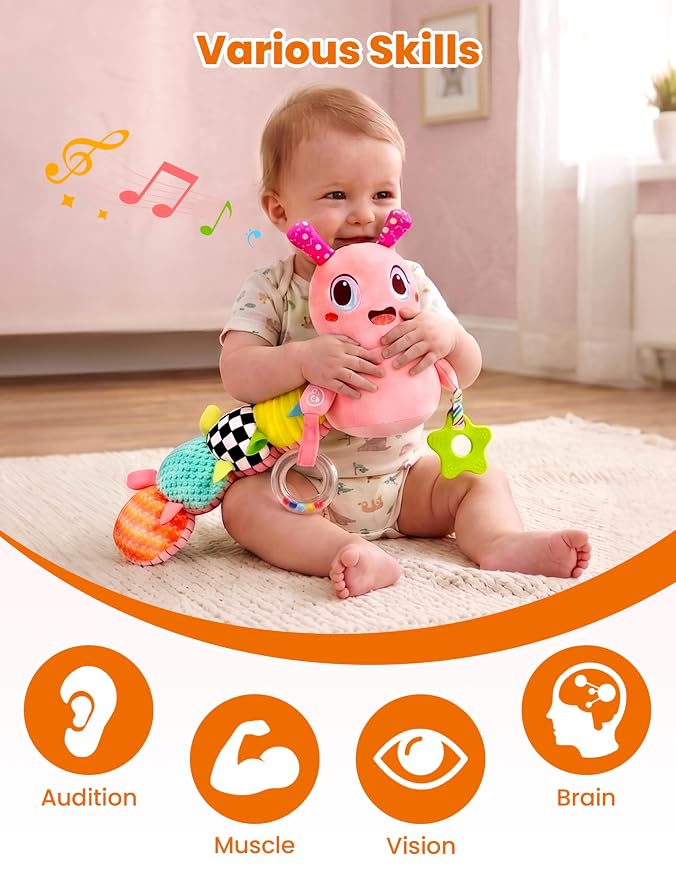 GoGonova Musical Caterpillar Baby Sensory Toy for Infant Development 0-12 Months – Newborn Bath, Car Seat, Stroller & Bassinet Activity Toy & Gift – Tummy Time Crawler & Teether(Pink)