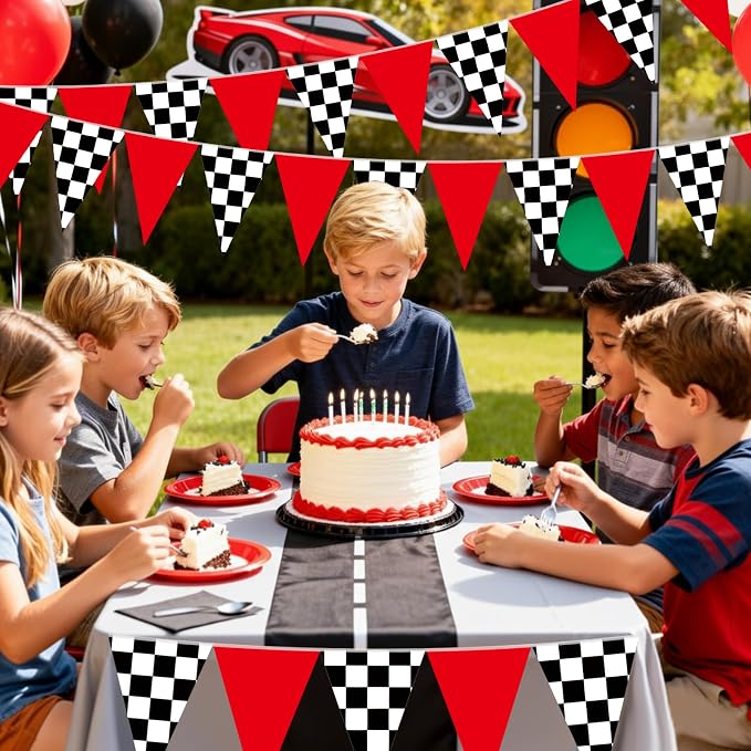 Tiamon 5 Pcs Racing Car Flag Banner Party Decorations Red Black White Checkered Triangle 49.2 Ft Flag Race Car Pennant Banner Garland Streamer for Birthday Baby Shower 2nd Two Fast Party Supply