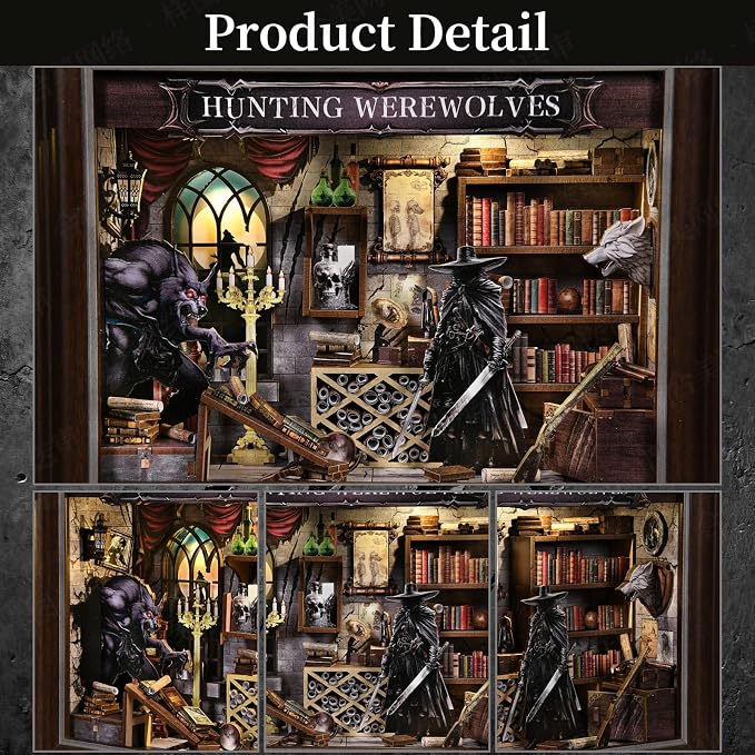 Book Nook Kit-3D Wooden Puzzle with LED Touch Control & Wall-Mountable Frame,DIY Miniature House for Beginners,Bookshelf/Tabletop/Wall Decor for Craft Lovers,Dollhouse Gift,Hunting Werewolves