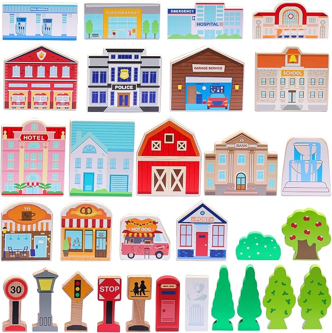 SainSmart Jr. 30 Pcs Wooden Town Play Set, Wooden Train Accessories, Community Helpers Toys for Preschool Learning | Includes Buildings, Traffic Signs and Trees | Gift for Boys and Girls