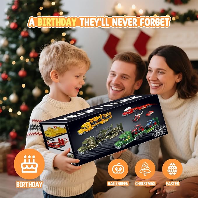 Toddler Toys for 3 4 5 6 Year Old Boys - 27" Large Semi Construction Carrier Truck Toy with Excavator and Dump Truck, 3-in-1 Friction Powered Transport Vehicle with Lights Sounds, Gifts for Boys