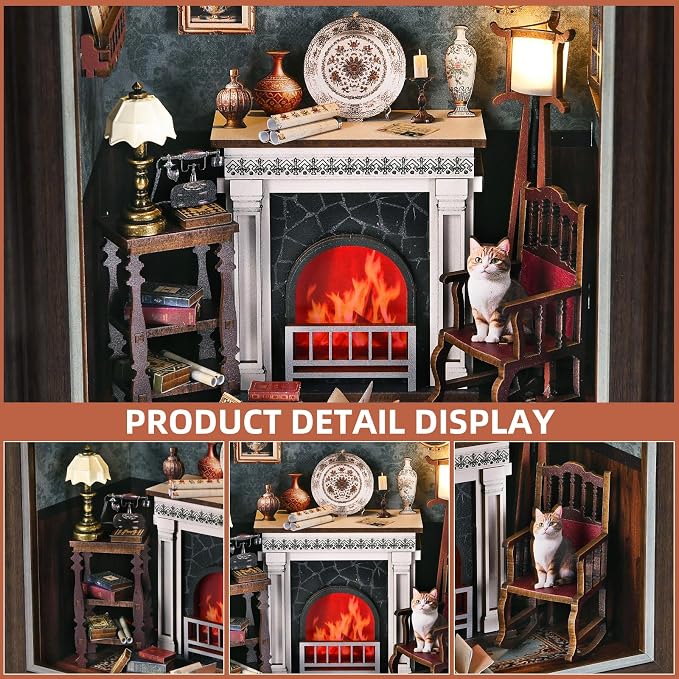 Book Nook Kit - 3D Wooden Puzzle with LED Switch Control & Wall-Mountable Frame,DIY Miniature House for Beginners,Bookshelf/Tabletop/Wall Decor for Craft Lovers,Dollhouse Gift,Fireplace