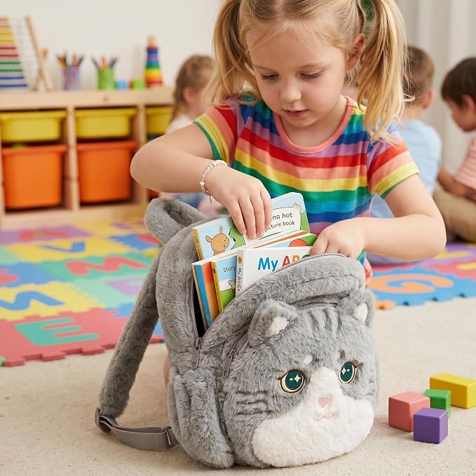 Lazada Adorable Grey Cat - Shaped Plush Backpack for Kids & Teens | Soft, Cuddly & Functional School and Travel Companion 11Inches