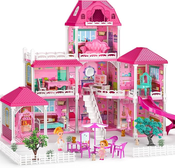 JUKUDAHU Villa Playset for Girls Ages 3-7, 3-Story 8 Room House with 2 Dolls, Furniture and Accessories, Indoor Playset Girls Toys for Ages 6-8, Pretend Toddler Toy, Birthday Gifts for Kids 4-8