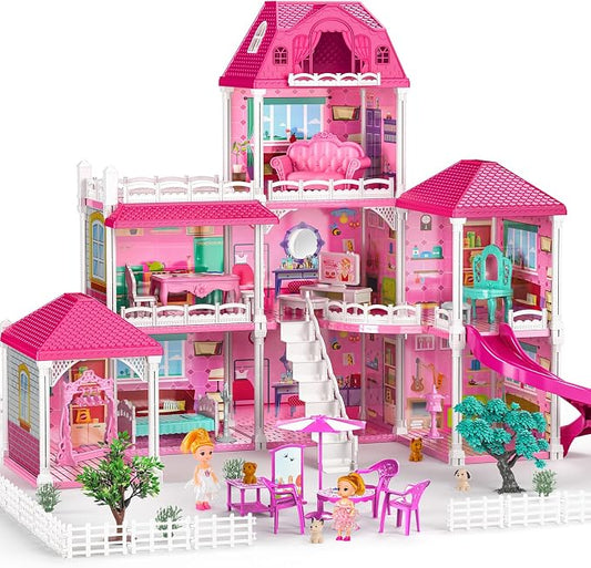 JUKUDAHU Villa Playset for Girls Ages 3-7, 3-Story 8 Room House with 2 Dolls, Furniture and Accessories, Indoor Playset Girls Toys for Ages 6-8, Pretend Toddler Toy, Birthday Gifts for Kids 4-8