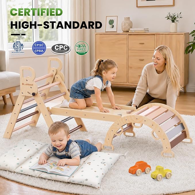 BlueWood Pikler Triangle Set with Cushion - Climbing Toys for Toddlers 9-in-1, Montessori Philosophy Play Jungle Gym with Arch, Ramp, Ladder (Pink)