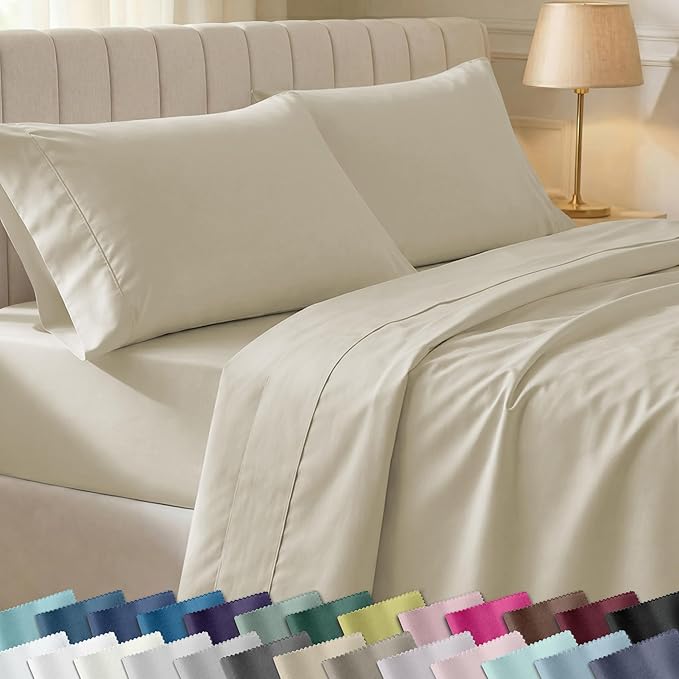 California Design Den Soft 100% Cotton Bed Sheets Twin XL Set, 400 Thread Count Good Housekeeping Award Winner, Silky Smooth Sateen, Breathable and Durable Twin XL Bedding Set - Beige