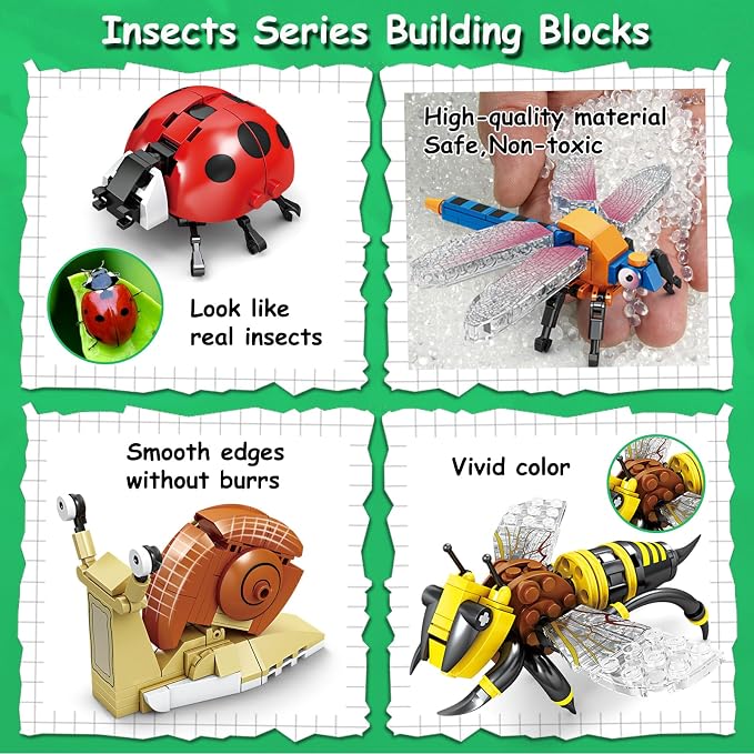 KAZI Bugs Building Toy Set,Insect Collection Building Blocks Including 8 Different Bug,STEM Toys for Kids Age 8 and Up,Play and Display Gift Idea for Boys & Girls,Easter Basket Stuffers
