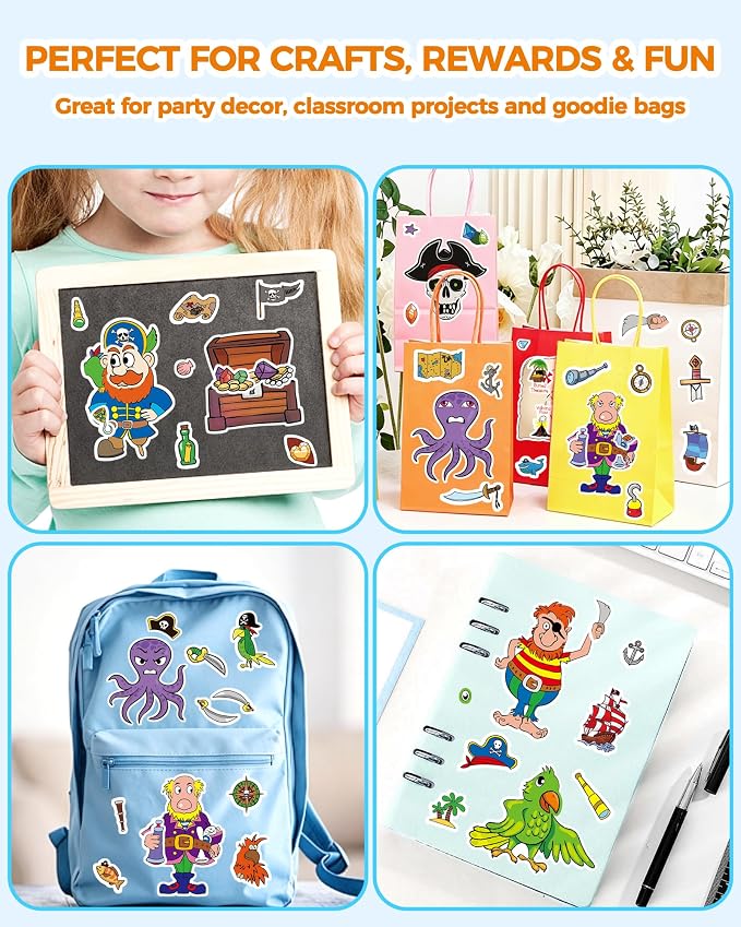Aowplc 32 Sheets Make Your Own Pirate Stickers for Kids – Pirate Party Favors, Birthday Party Supplies & Classroom Crafts