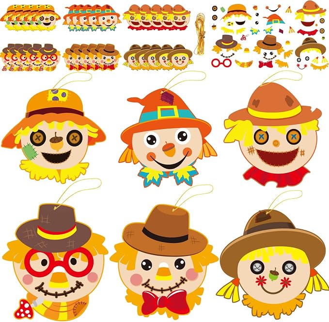 chiazllta 30 Pcs Thanksgiving Fall Crafts for Kids DIY Scarecrow Craft Kits Kindergarten Autumn Art Craft Make Your Own Scarecrow Head Set for Home Class Game Activities Preschoolers