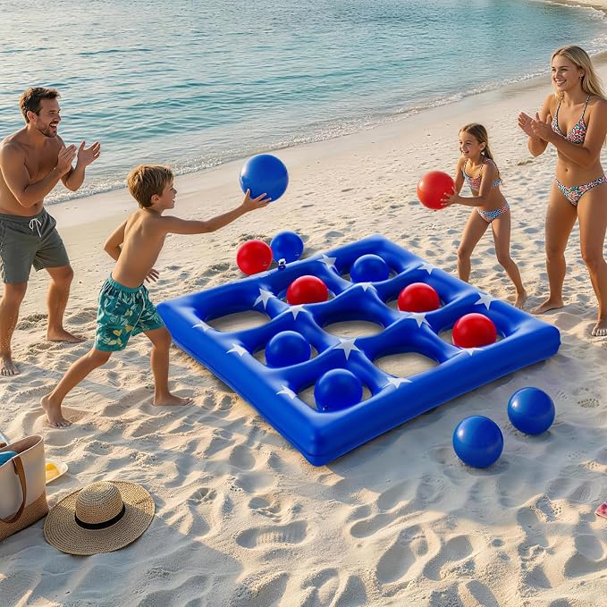 Pool Party Toys Games Set - Giant Inflatable Tic Tac Toe Float Game, Outdoor Pool Games for Adults Kids Family Pool Toys for 2-10 Players, Fun Swimming Beach Yard Activities with 10 Balls for Ages 6+