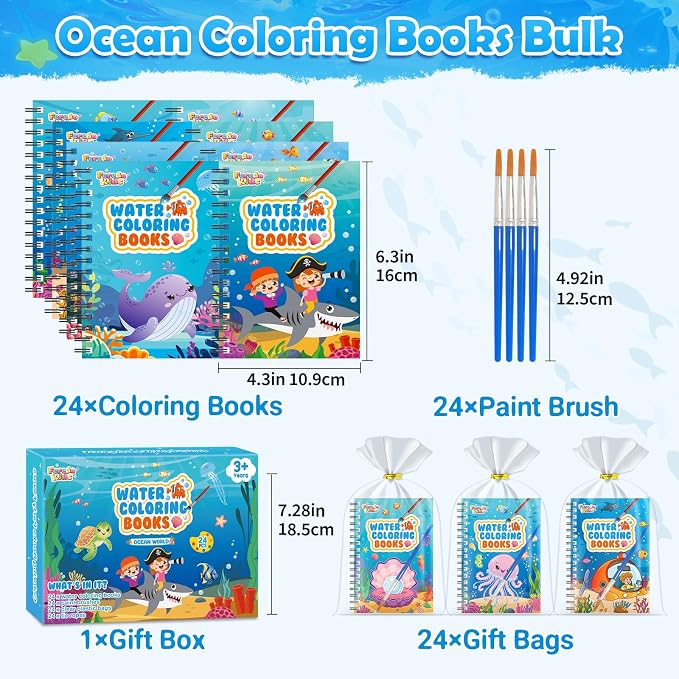 FEREDO KIDS 24 Pack Coloring Books Party Favors - Bulk Mini Water Coloring Books for Kids, No Mess, Screen Free Activities, Birthday Goodie Bags Stuffers Easy for Toddlers Classroom Prizes (Ocean)