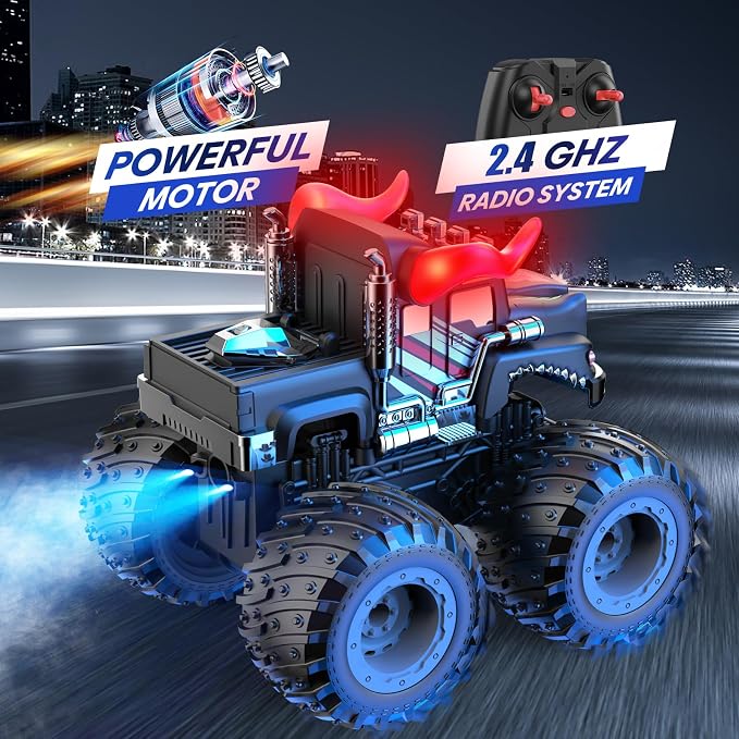 BAODLON Remote Control Monster Car, 2.4GHz RC Bull Monster Truck Toys for 3 4 5 6 7 8 Years Old Boys Kid, All Terrain RC Truck Off Road with Spray, Light, Rechargeable Battery, Christmas Birthday Gift