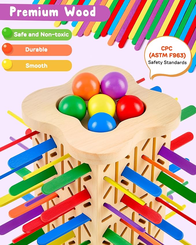 Montessori Wooden Board Games for Kids Ages 4-8, 42 Wooden Strips Game, Color Matching Board Games for Kids 4-6, Fine Motor Skills Toy Montessori Toys for 3 4 5 6 Year Olds, Gift Boys Girls Family
