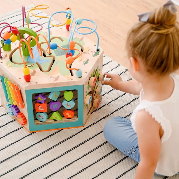 Teamson Kids Preschool Play Lab 7-in-1 Large Wooden Activity Cube Station Center Bead Maze and Counting for Kids Baby Toys, Natural | Large Station Center, Bead Maze, Counting for Kids Baby Toys, Natural