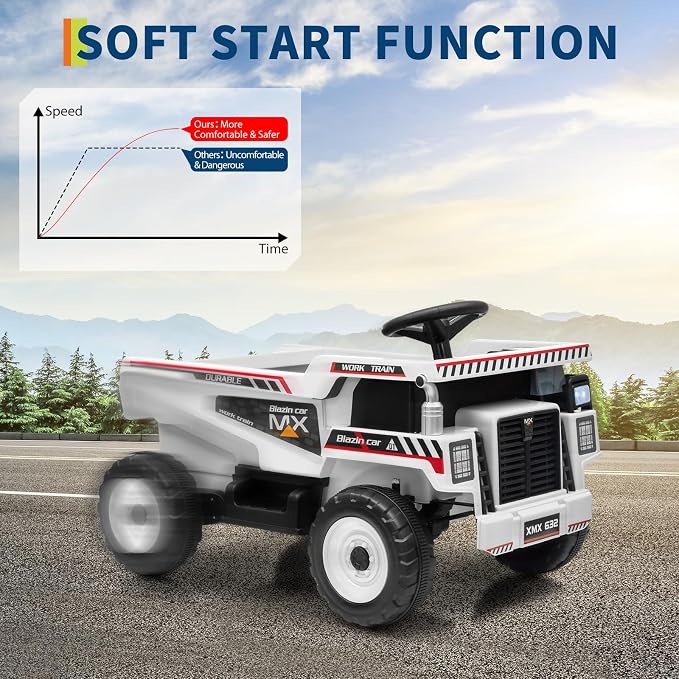 Garvee 12V Ride On Dump Truck for Kids, Ride On Car with Remote Control, Construction Vehicles with Dump Bed & Shovel, Ride-On Toys 16.5 in Spacious Seat, Music, Headlights, Soft Start, White