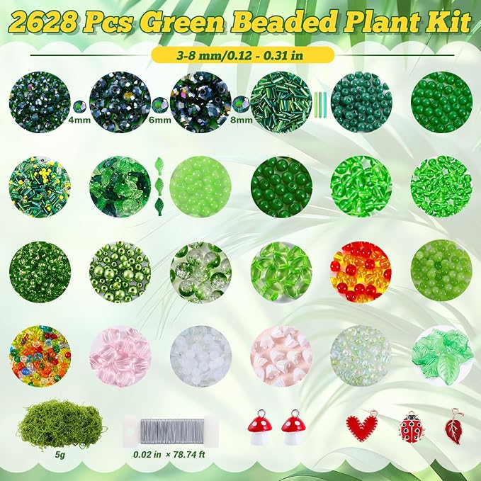 FOGWOWO 2628 Pcs Beaded Plant Kit Green Beads for Beaded Plants,Forever Plant Kit Green Glass Beads Plant Beads for Plants Making,Glass Leaf Bead for Jewelry Making DIY Crafts