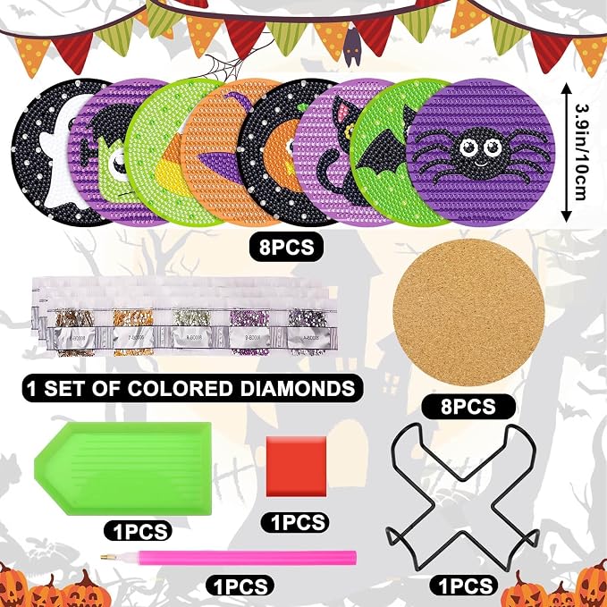 UPINS 8Pcs Halloween Diamond Art Painting Coasters Kits with Holder Diamond Art Non Slip Coaster Kits DIY with Holder Crafts for Adults Diamond Art Painting Kits Supplies
