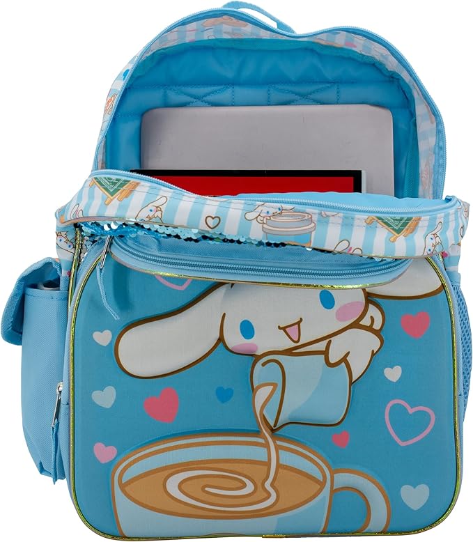 AI ACCESSORY INNOVATIONS Sanrio’s Hello Kitty Backpack for Girls, 16 Inch Cinnamoroll, Kawaii School Bag with Flip Sequins & 3D Molded Front Pocket, Blue