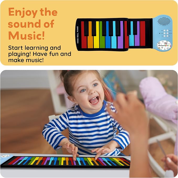PicassoTiles Electronic Piano 49Key Flexible Roll-Up Keyboard with Recording Feature 8 Tones 6 Demo Songs Built-in Speaker Educational Music Toy for Kids Toddlers Boys Girls Rainbow Color Design PT49