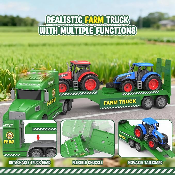 Toddler Toys for 3 4 5 6 Year Old Boys - 27" Large Semi Farm Truck Toy with 2 Tractors, 3-in-1 Friction Powered Transport Vehicle with Lights Sounds, Christmas Birthday Gifts for Boys Kids Age 3 4 5 6