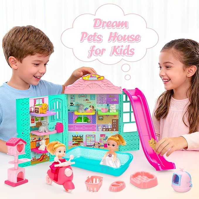 Dollhouse of Pets Toy Play Set, Foldable Pets Doll House with 31PCS Includes 2Dolls, Motor, Pool, 6Little Pets, Slide and Sounds, Pretend-Play Toddler Playhouse Ideal Gift for Children aged 3+